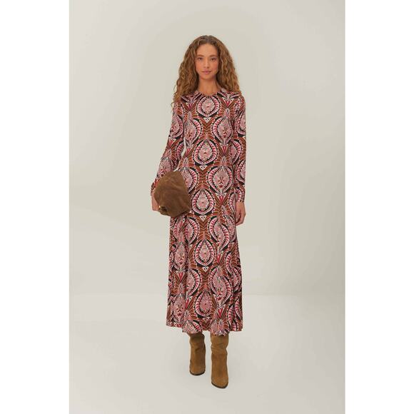 Farm Rio NWT Pineapple Jewelry Midi Dress Brown Pink Print Size Small - Picture 1 of 12